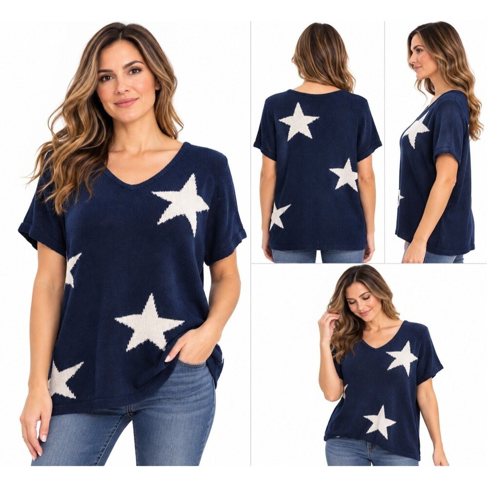 Belle Kim Gravel Women’s Navy Blue White Star Short Sleeve Knit Sweater Medium